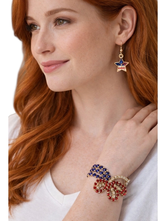 Handmade Jewelry - Patriotic Rhinestone Bracelet & Handmade Anchor Earrings Set Red White Blue USA